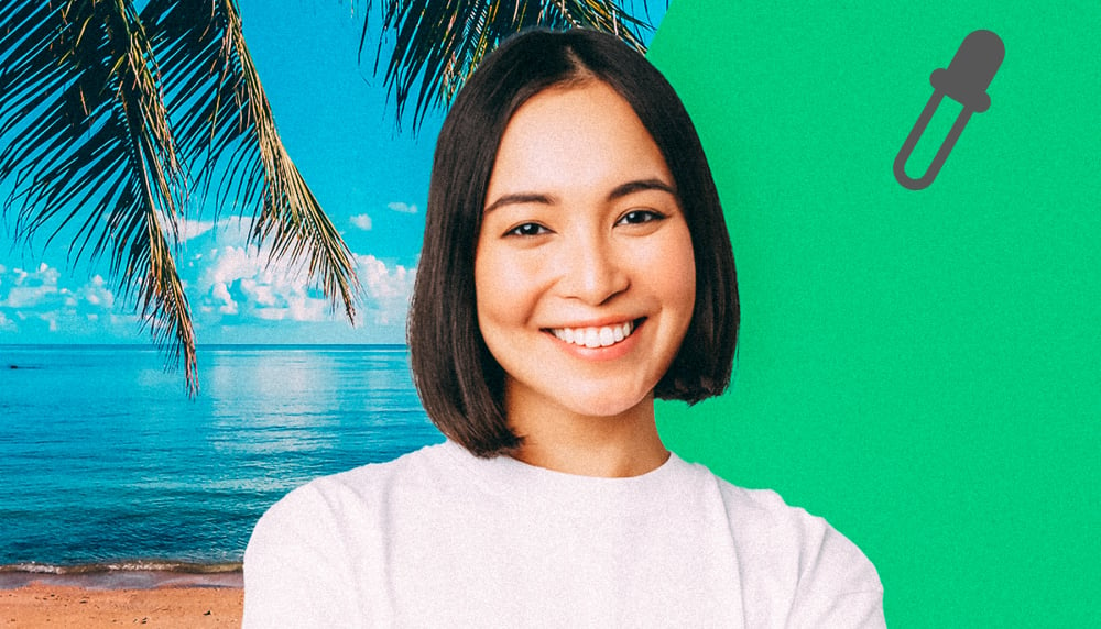 Illustrative example of how green screen works to replace backgrounds, featuring a smiling woman at the beach