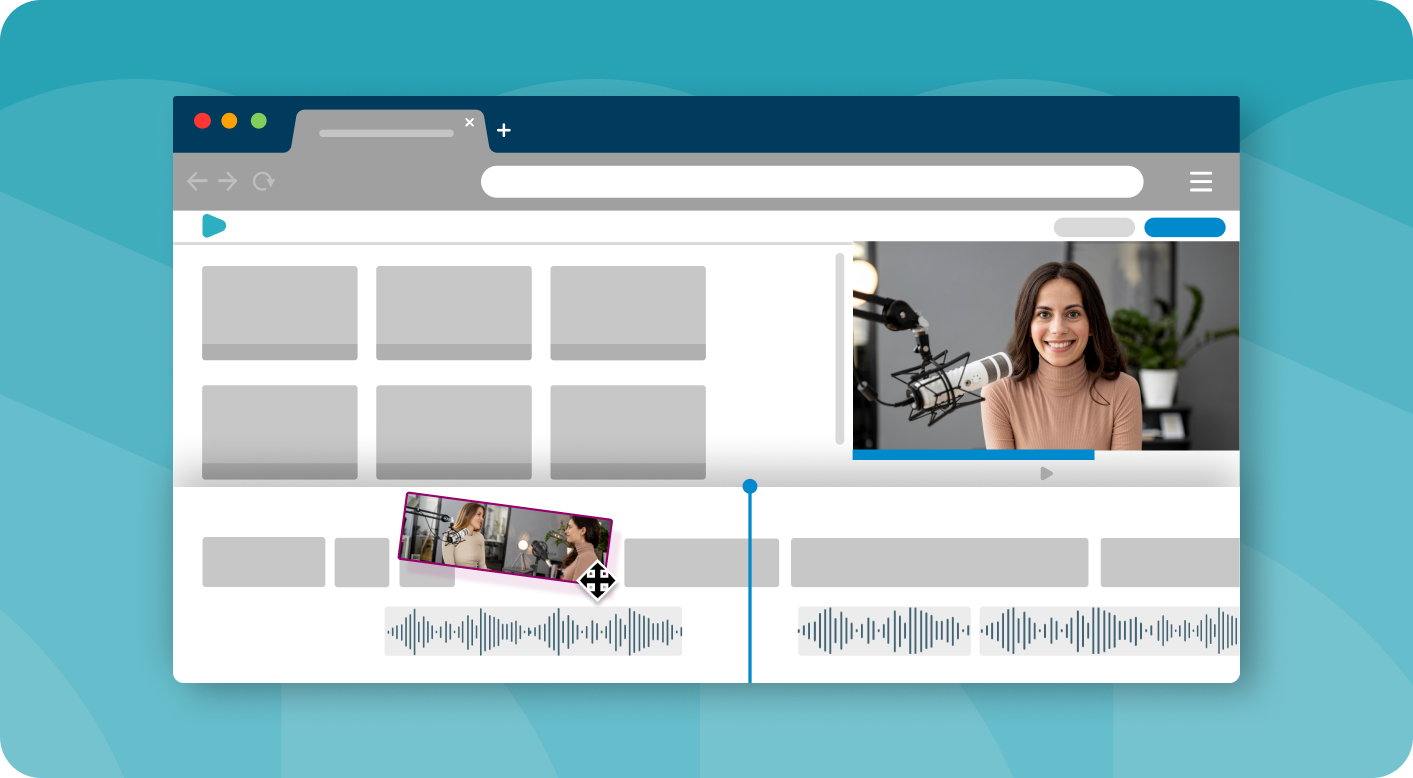WeVideo screenshot showing the video editor with a clip of a woman smiling in front of a microphone