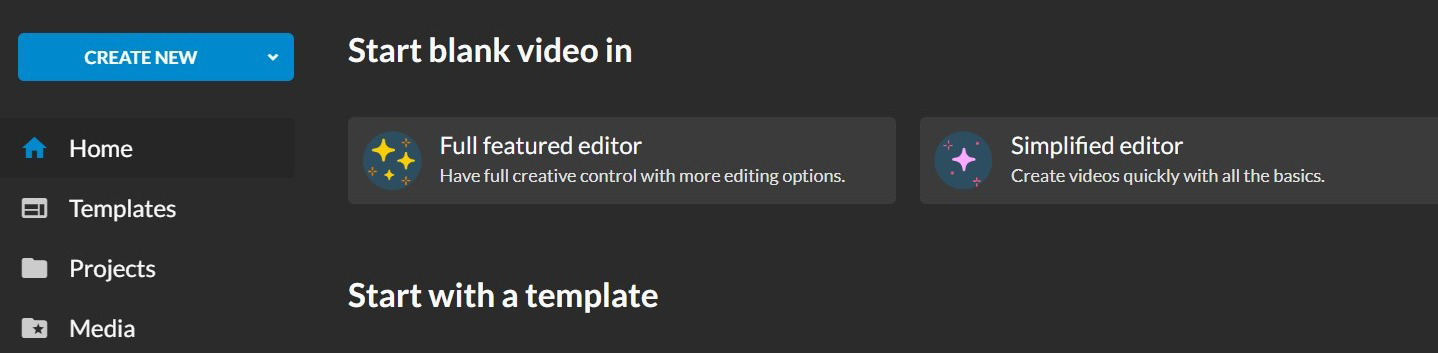 Screenshot of WeVideo editor to start a new project