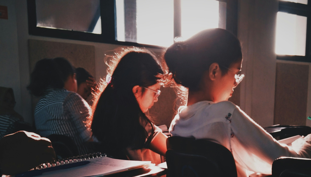Students working with sun shining in through a window.