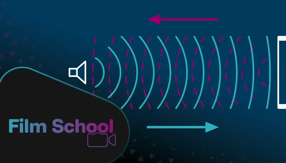 Dark blue graphic illustrating what reverb looks like: A sound icon with wavelengths casting outward in various directions and the WeVideo 
