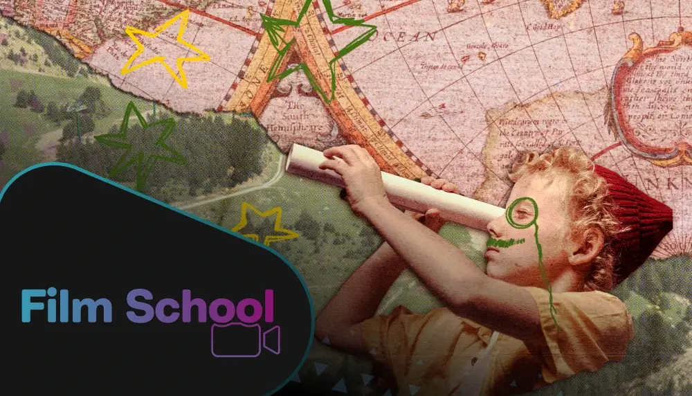 Graphic of a young blonde boy with a red hat looking into a rolled-up map against green landscape and the WeVideo 