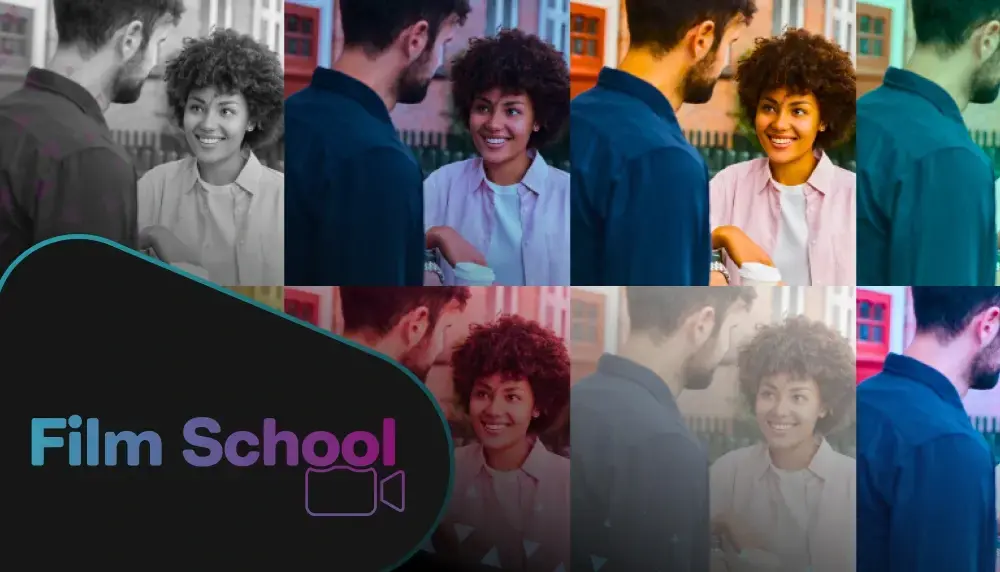A repetitive collage showing an image of two people talking with different filters applied to each version, with the WeVideo Film School logo in the bottom left corner.