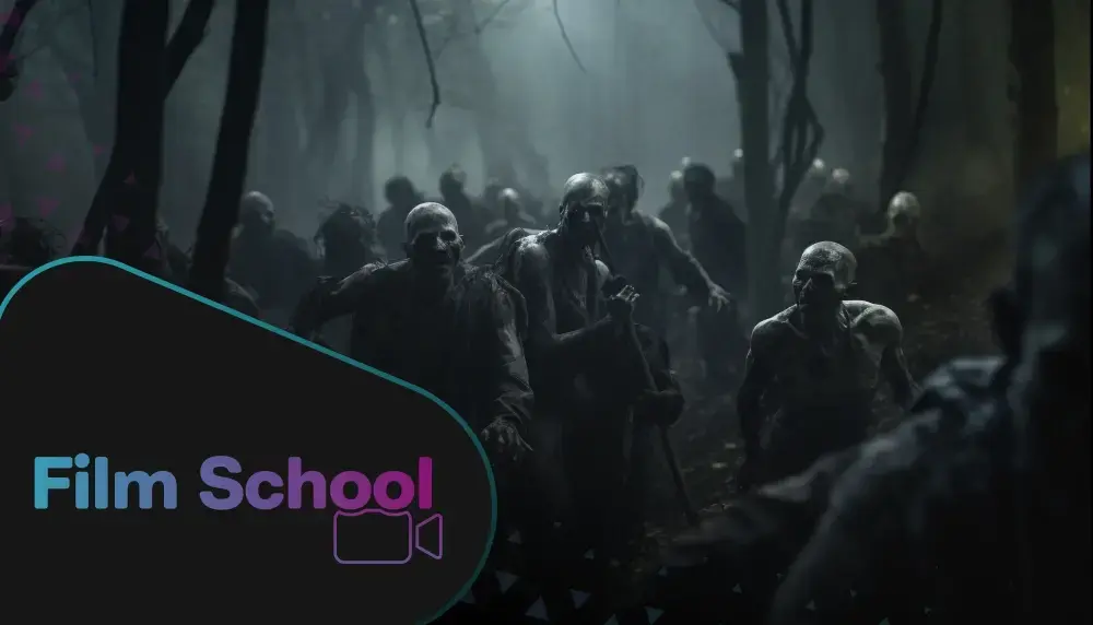 A dark forest with zombies trudging through and the WeVideo Film School logo in the bottom left corner.
