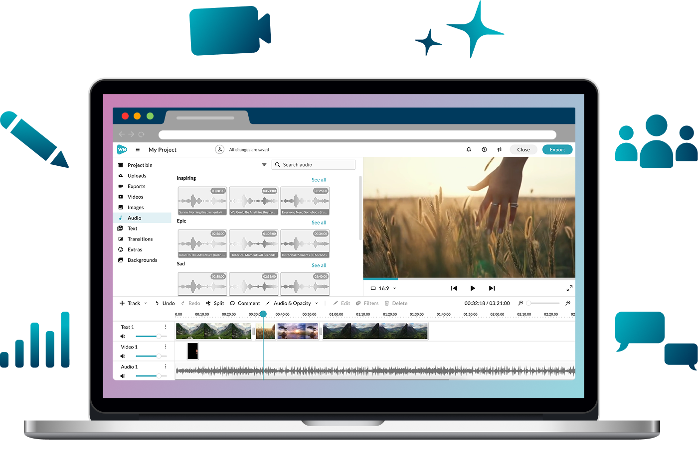Laptop  with WeVideo open. Various design icons circling laptop. 