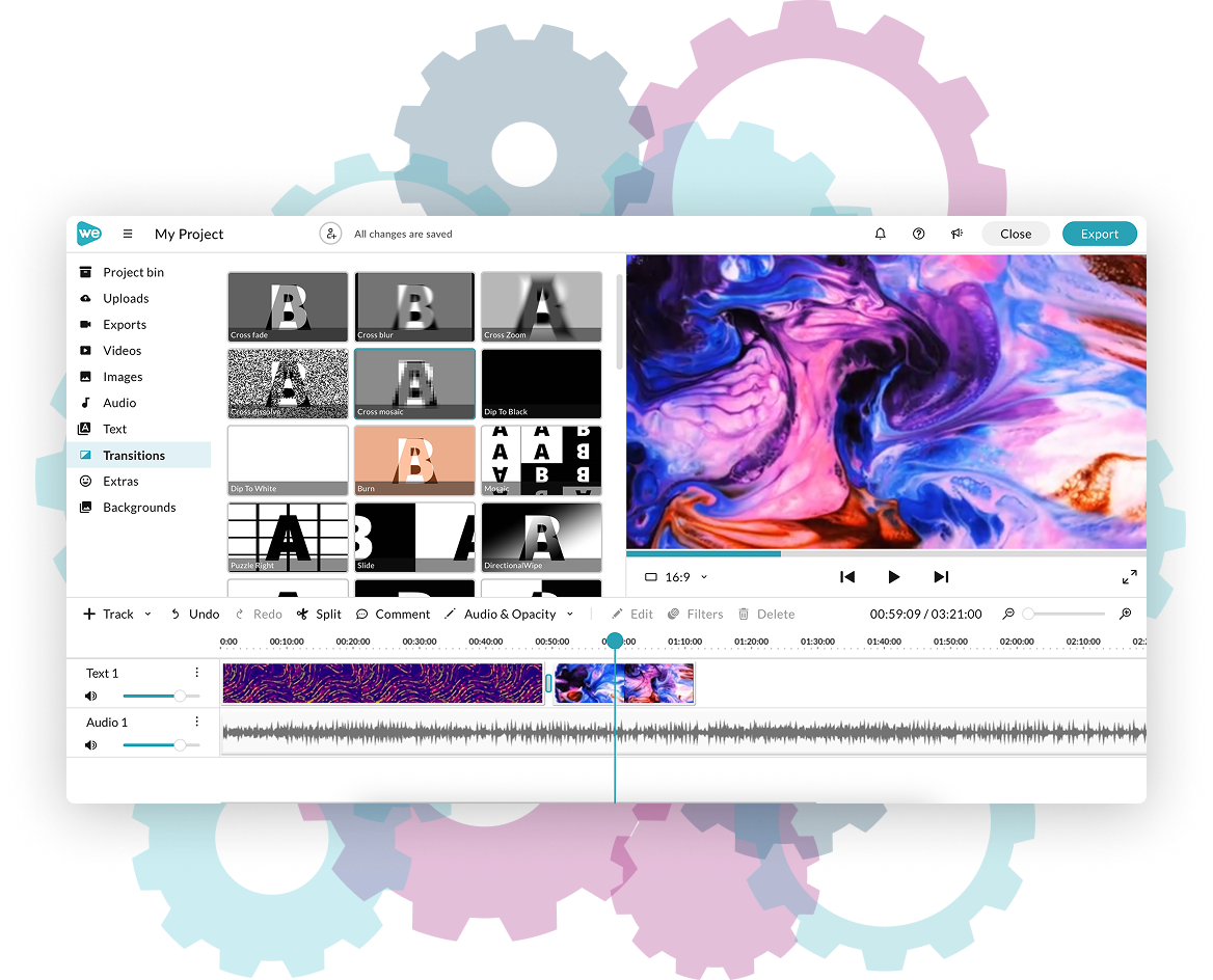 WeVideo editor screenshot on top of layers of colorful gears. 