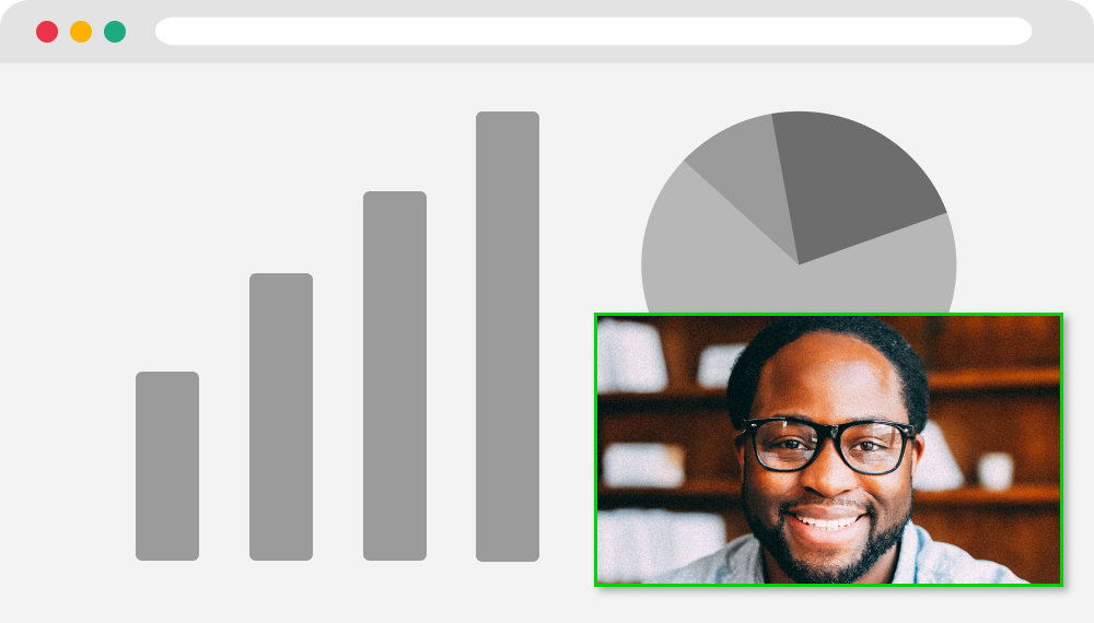 Man showing himself in the bottom corner of the screen with bar graph in background as he records.