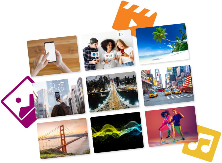 Collage of stock photography against colorful icons for video, imagery, and music