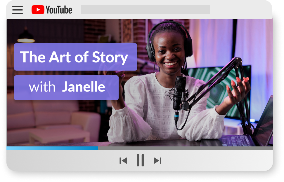 Mockup of video player with YouTube intro card of woman speaking into a mic