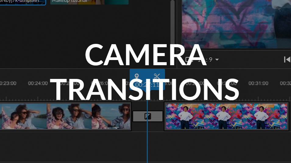 Video clips being edited in WeVideo editor, with text over top that reads: Camera Transitions.