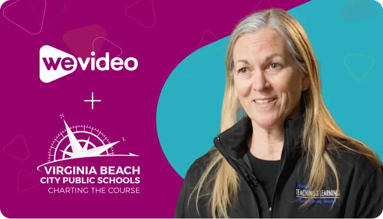 Dr. Sharon Shewbridge, Director of Instructional Technology for Virginia Beach Public Schools against a purple and blue banner and white WeVideo + Virgina Beach City Public Schools logos