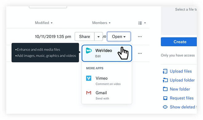 Screenshot of adding WeVideo as an import option in Dropbox