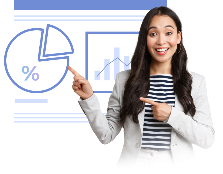 Female professional pointing at blue graphic pie chart.