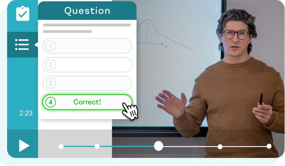 Soft UI mockup of paused video with a quiz module popping out for the user.