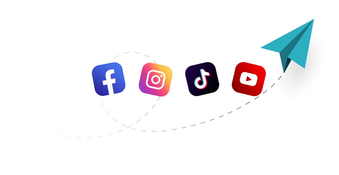 Logos of Facebook, Instagram, TikTok, and YouTube with a paper airplane