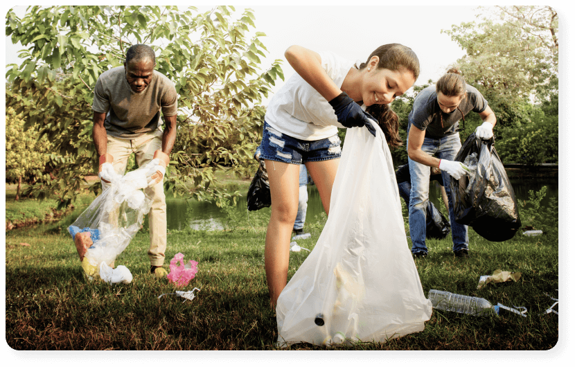 Nonprofit organization showcasing three people picking up trash