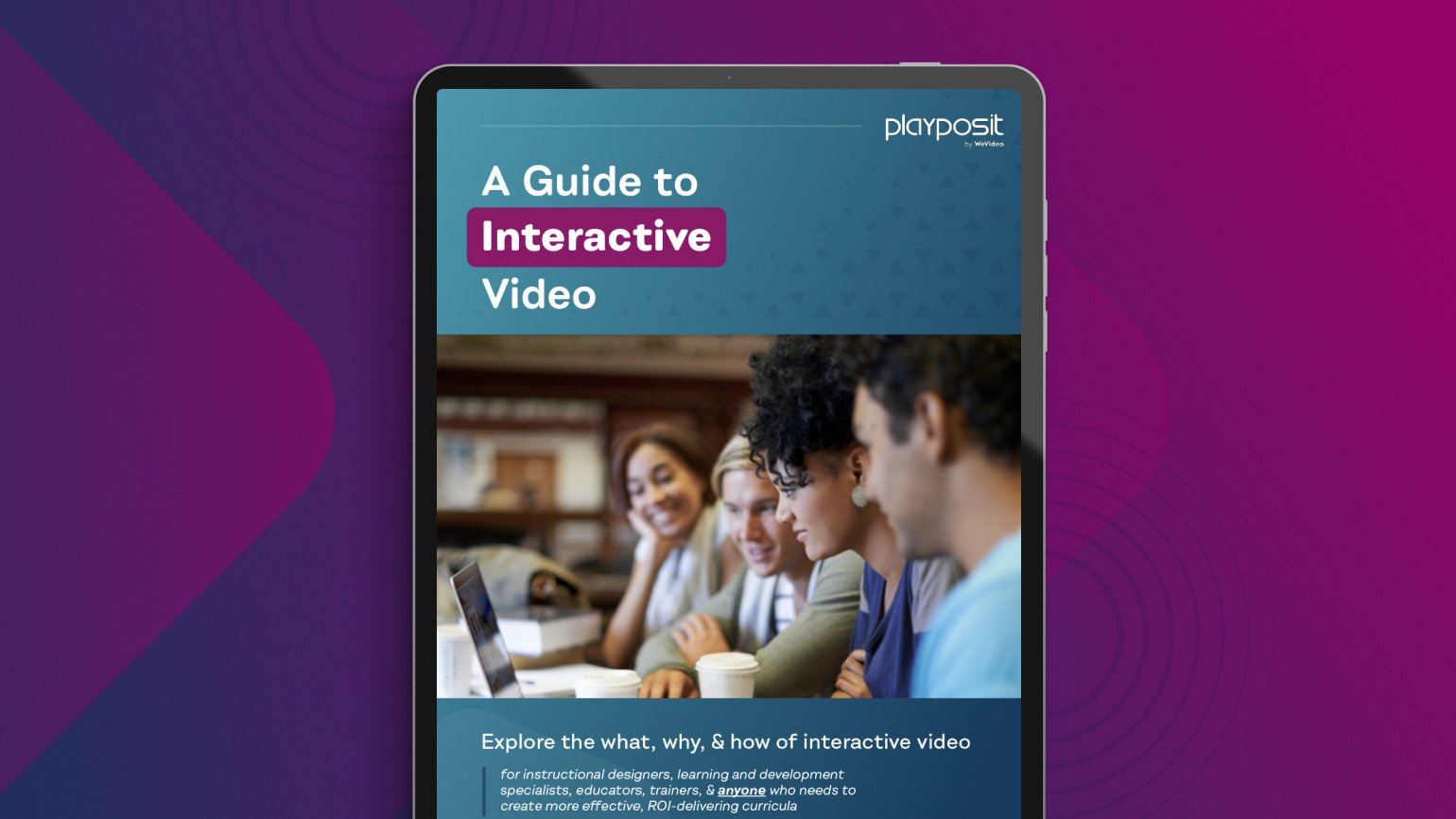 A Guide to Interactive Video eBook cover on tablet. Magenta background.
